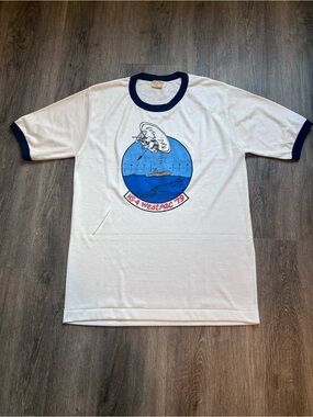 Vintage 70s 1979 US Navy Military Shirt Sz Large Ringer Tee Westpac White Blue